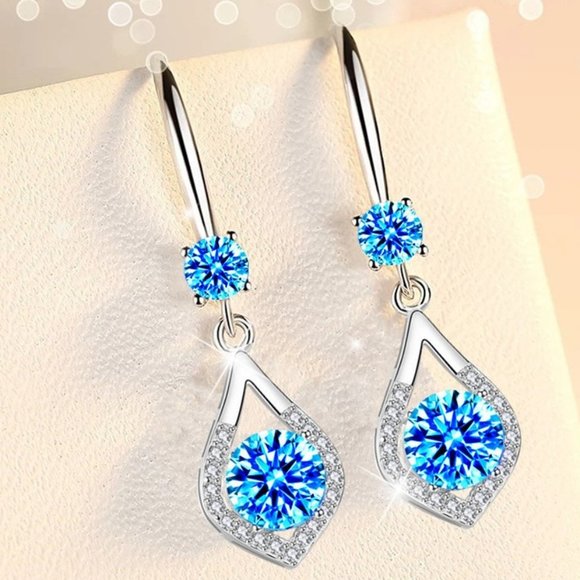 Jewelry - 925 sterling silver blue shiny tassel Hoops piercing earrings for women, J052